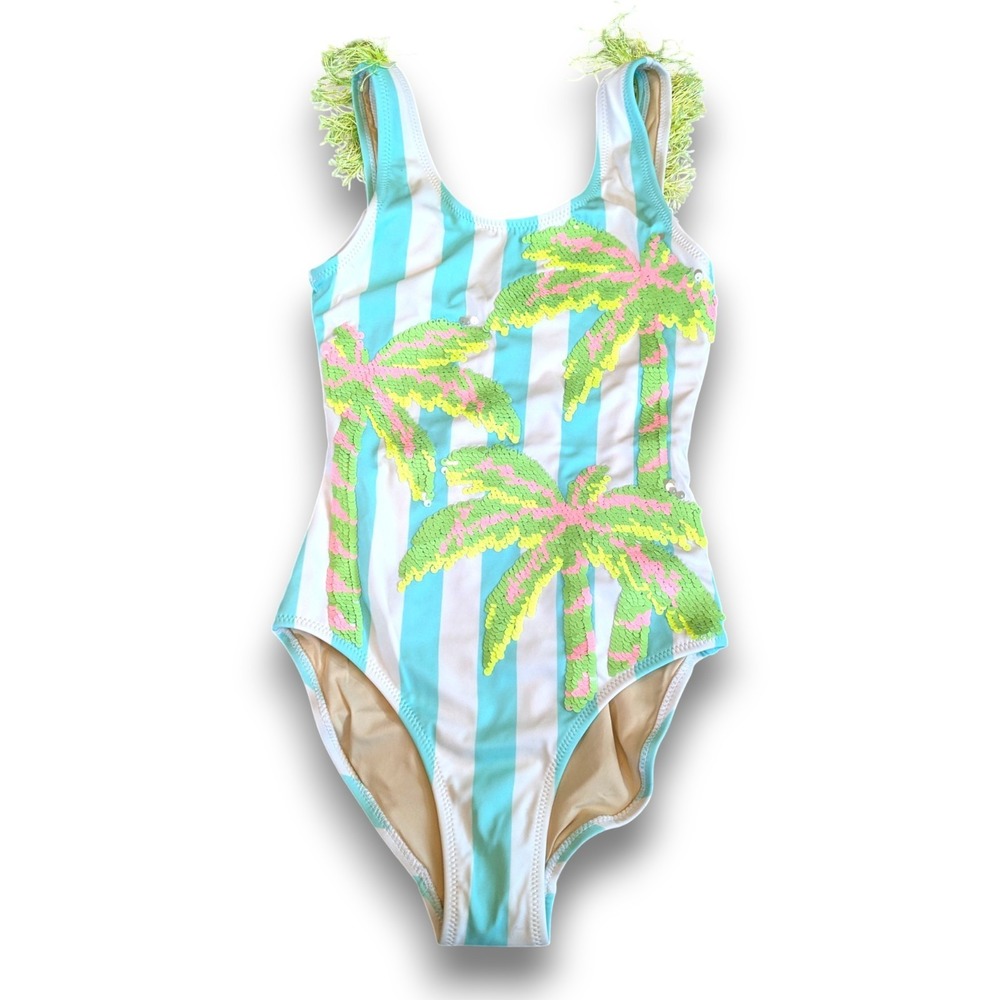 NWT Shade Critters Palm Stripe Sequin Fringe Back 1 Piece Swimsuit Girls 10